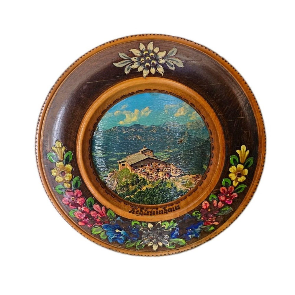 Vintage German Folk Art Wooden Souvenir Plate Kehlsteinhaus Eagles Nest DM Tag